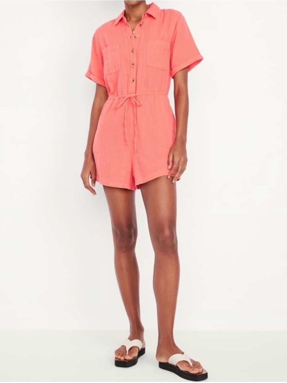 Waist-Defined Crinkle Gauze Romper Coral